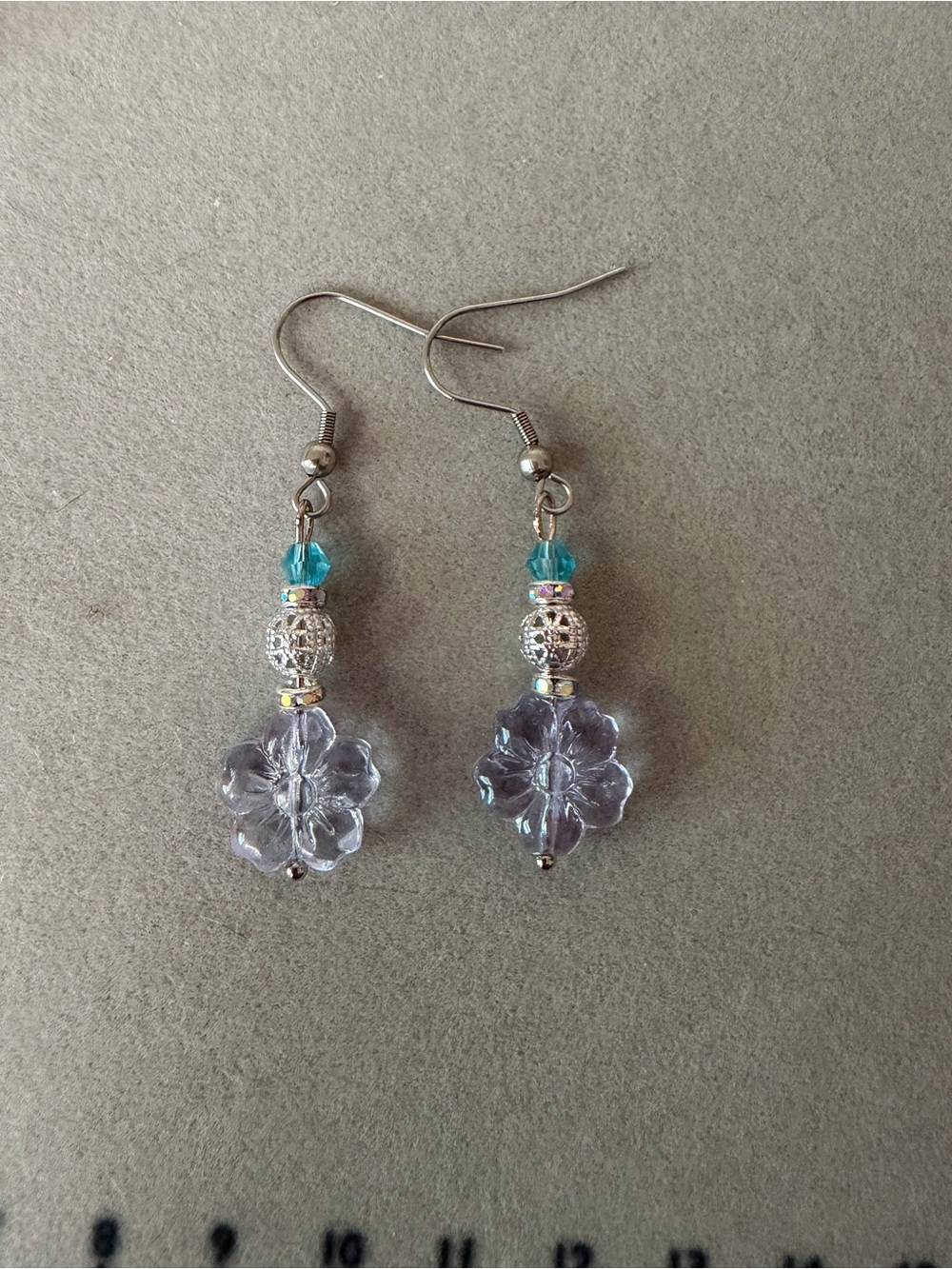 Handcrafted Silver-Tone Earrings with Light Purple Flower and Aqua Accent
